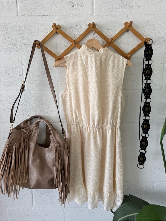None Dresses & Skirts - Boho Smocked Mock Neck ruffle hem mini Dress - Cream
